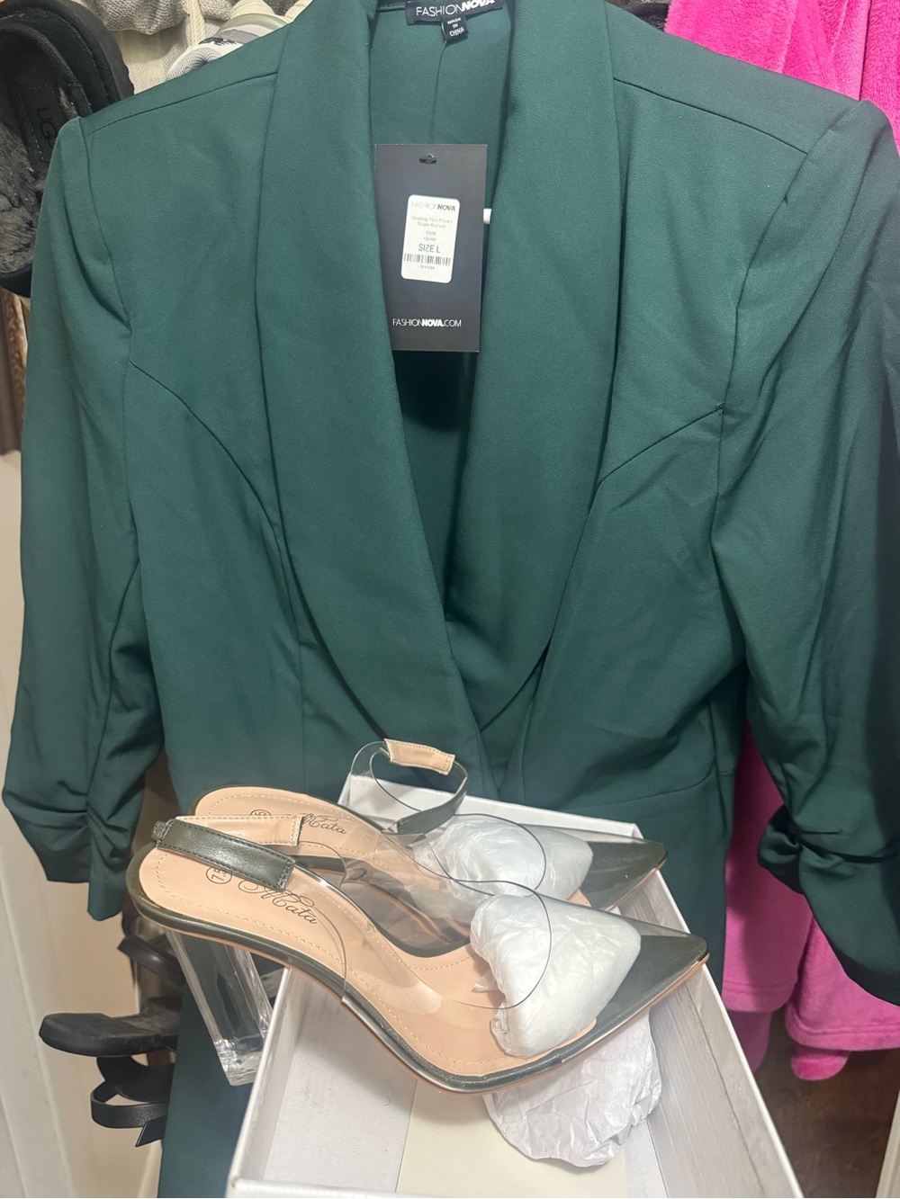 Fashion Nova Dark Green Tailored Blazer Jacket/ shoes 7 1/2